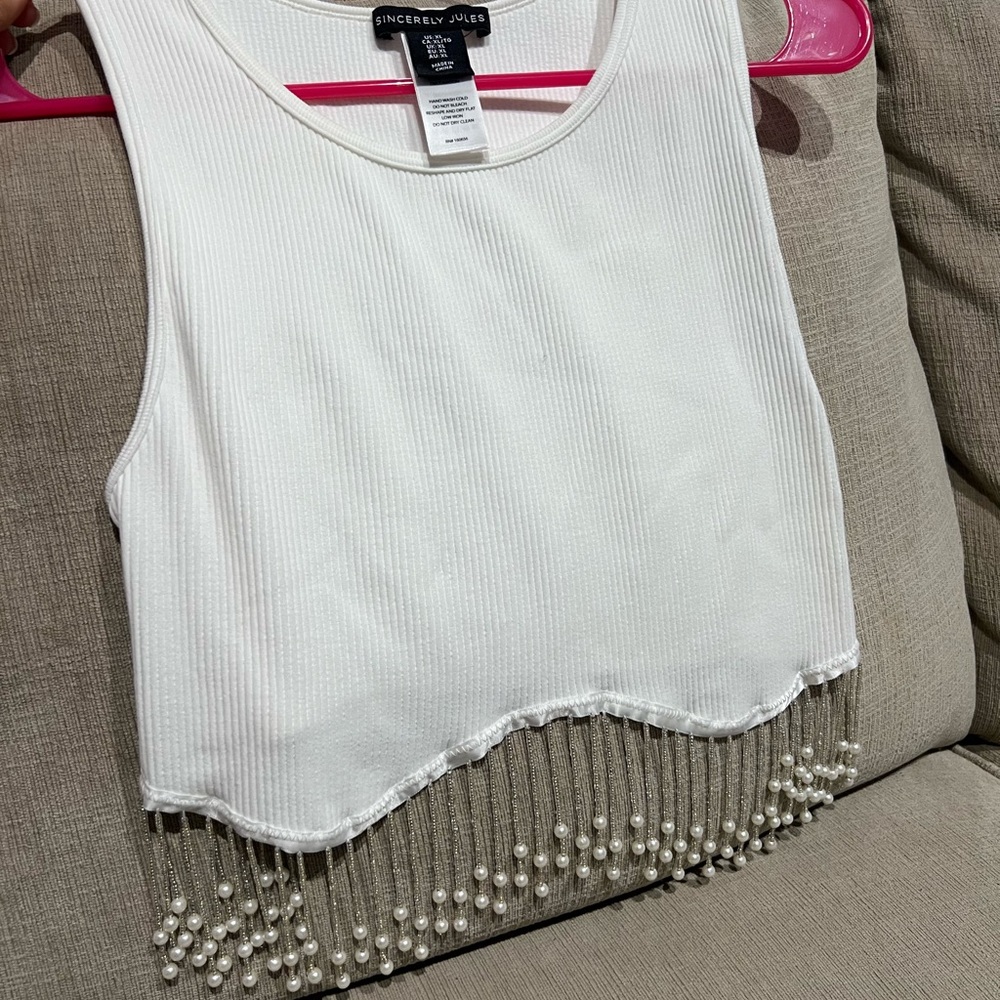 White Pearl Bead Fringe Crop Top